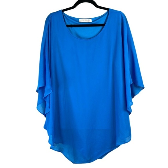 Suzy Shier Plus Plisse Butterfly Sleeve Blouse Top True Blue Lined Semi Sheer 2X - Picture 2 of 11